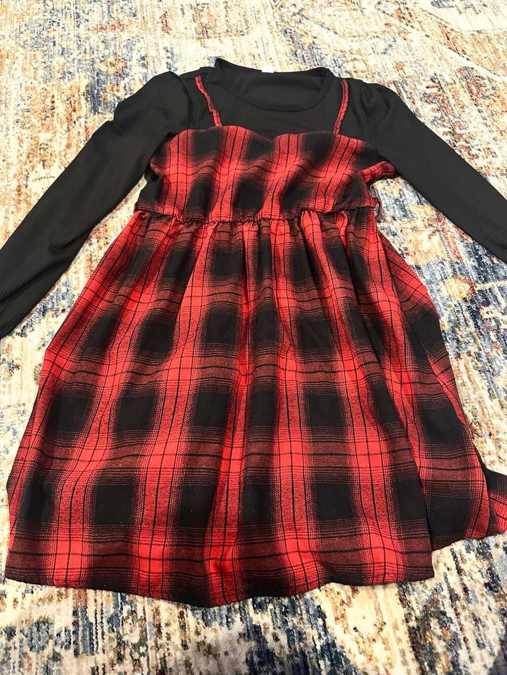 14Y Red and Black Plaid Print 2-in-1 Mock Neck Dress